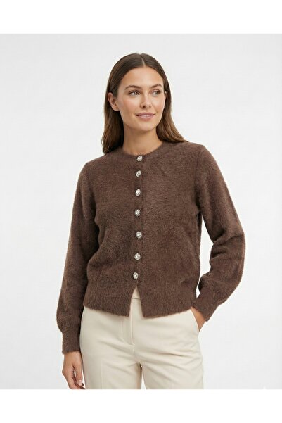 MİLAWOMAN Crew Neck Crystal Stone Feathered Knitwear Cardigan