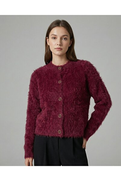 MİLAWOMAN Burgundy Crew Neck Buttoned Bearded Rope Soft Textured Knitwear Car...