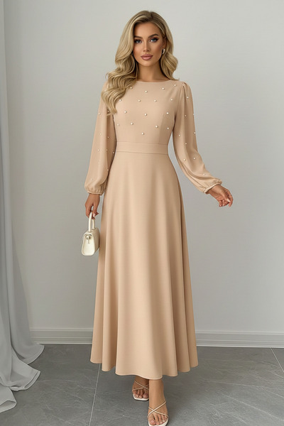 KHİ-ZAİ Women's Pearl Detail Round Neck Princess Sleeve Low Waistline Self Be...