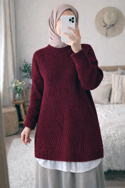 FERHEL Women's Baklava Soft Sweater Tunic - Cherry