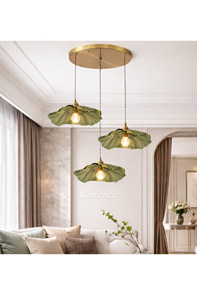 burenze Modern Tasarım Vintage Boheme El Yapımı Yeşil Camlı Üçlü Sarkıt Avize...