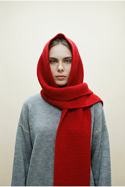 Shophia Eșarfă tricotată groasă cu glugă pentru femei – roșu