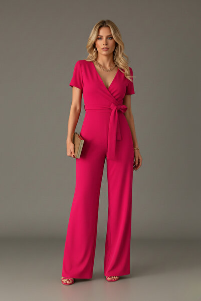 KHİ-ZAİ Women's Double-breasted Collar Belted Crepe Fabric Jumpsuit