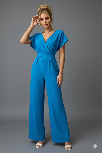 KHİ-ZAİ Women's Short Sleeve Double-Breasted Collar Self Belted Jumpsuit