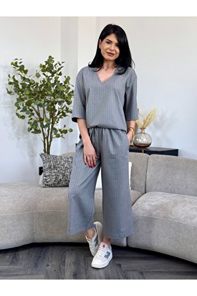 RAMONA BADESCU EXCLUSIVE Casual blue set with oversized blouse and culottes p...