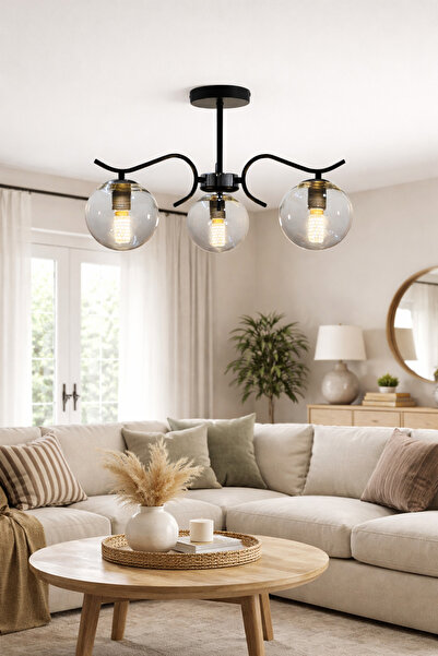 ESSLİGHT Lavin 3’lü Füme Glob Camlı Modern Salon Mutfak Yatak Odası Avizesi