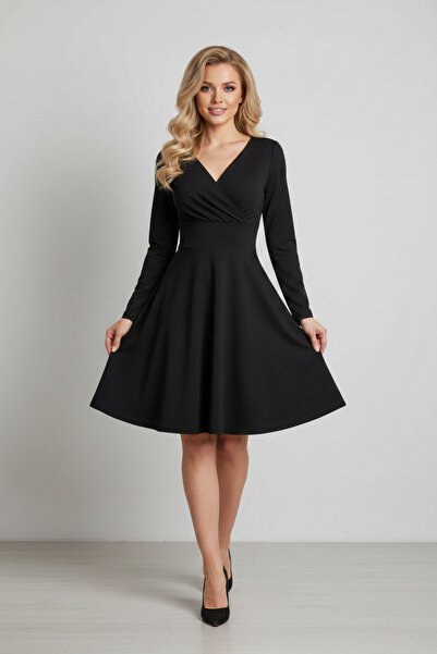 lowell home Women's Double-Breasted Collar Crepe Fabric Long Sleeve Flared Dress