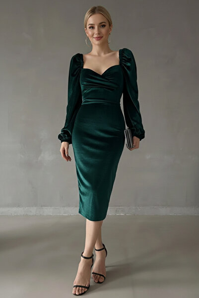 İntive Lingerie Women's Sweetheart Neck Balloon Sleeve Velvet Midi Dress