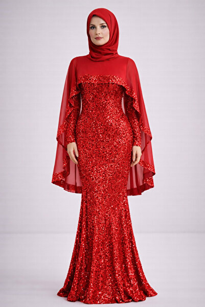 sweetyar Payet İşlemeli Pelerin Detaylı Uzun Abiye Elbise – Özel Gün Tesettür...