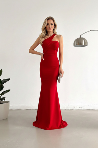 KHİ-ZAİ Women's Scuba Fabric Cross Collar Strap Fish Dress Evening Dress