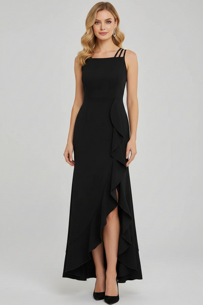 KHİ-ZAİ Women's Rope Strap Volan Detailed Long Y Slit Evening Dress