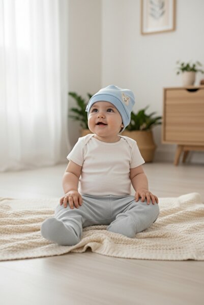 Kayra قبعة أطفال من القطن الممشط، عبوة من قطعتين، أبيض وأزرق