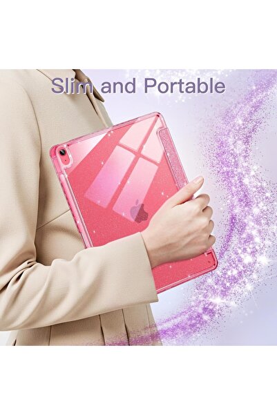 UnDePlus iPad Air 11inç M4/M3/M2 2026-2024 Kılıf Simli Işıltılı Parlak Grafiti Şeffaf Kalem Bölmeli KoyuPembe