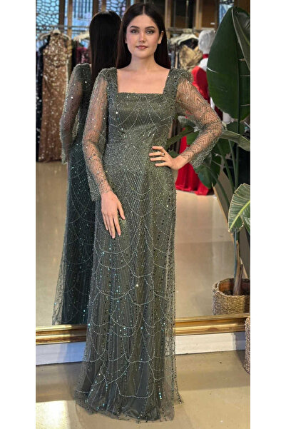 Abiyeniall Açık Olive Kare Yaka Uzun Kollu Kloş Etekli Pullu Boncuklu Uzun Ab...