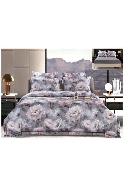 trendyhome Bed Linen, Satin Cotton, 6 Pieces, Poppies, Grey, PT13697-Elastic