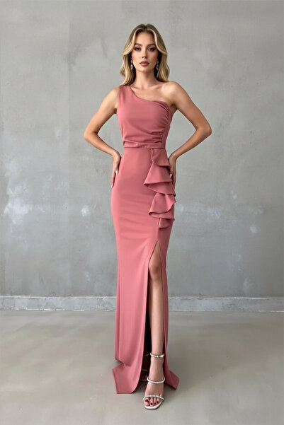 KHİ-ZAİ Women's One Shoulder Imported Crepe Fabric Flounce Evening Dress