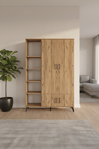 EnTrendMobilya Silva Gardrop 6 Raflı 4 Kapaklı Tek Askılı Çam-Çam 132x30x195 cm