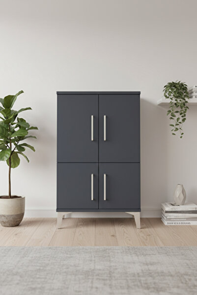EnTrendMobilya Silva Komodin 2 Raflı 4 Kapaklı Antrasit - 60x30x96 cm
