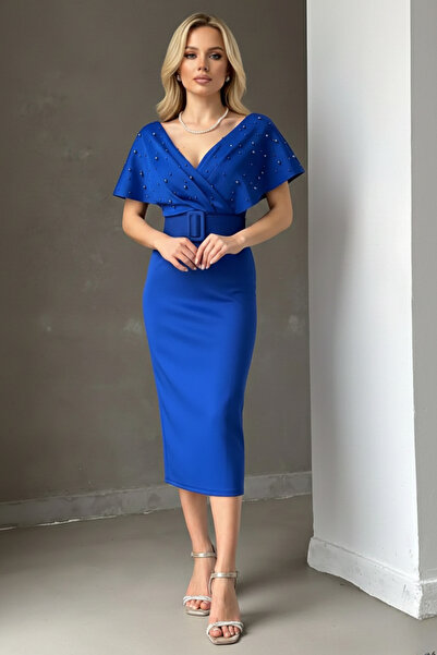 İntive Lingerie Women's Belted Scuba Fabric Pearl Detailed Dress