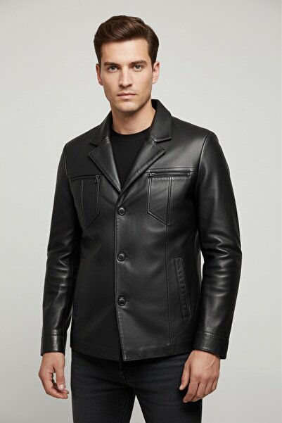 Deriderim سترة جيرارد للرجال من الجلد الطبيعي باللون الأسود ذات ياقة كلاسيكية