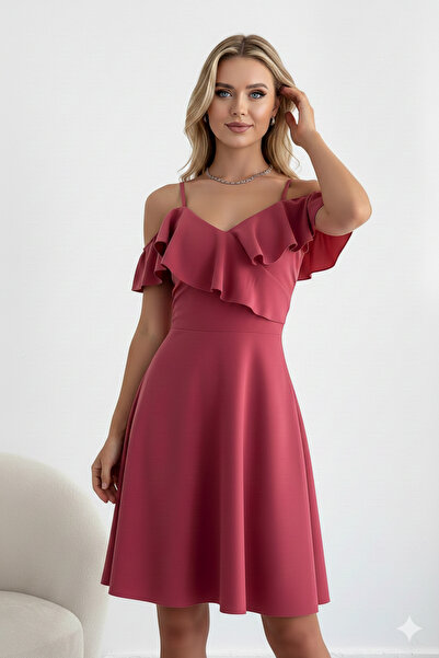 KHİ-ZAİ Women's Strappy Shoulder Ruffle Dress