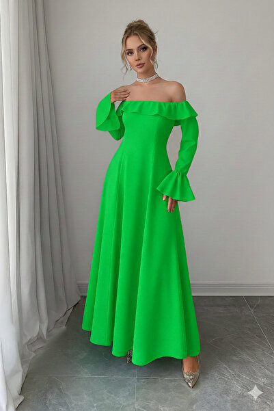 KHİ-ZAİ Women's Madonna Collar Ruffle Detail Long Sleeve Crepe Fabric Dress