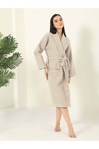 MULBERRY LIVING 100% Cotton -Waffle Lux Solid Bath Robe - Beige
