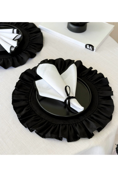 KaiAtelier White Shine 6 bucăți șervețele din țesătură de in, cu broderie neagră