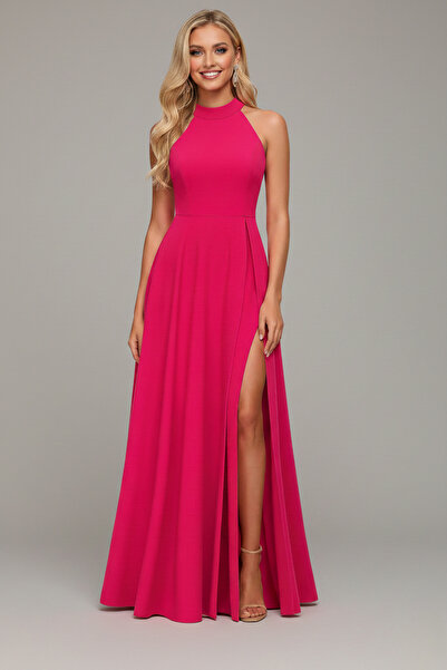 KHİ-ZAİ Women's Off-The-Shoulder Slit Crepe Fabric Maxi Length Evening Dress