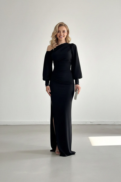 İntive Lingerie Women's One Shoulder Open Detail Imported Crepe Fabric Maxi L...