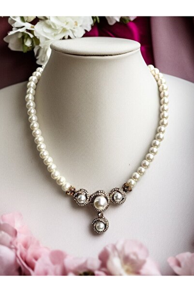 FAYRA ACCESSORIES Zirkon Taşlı Sarmal Tek Sıra İnci Kolye
