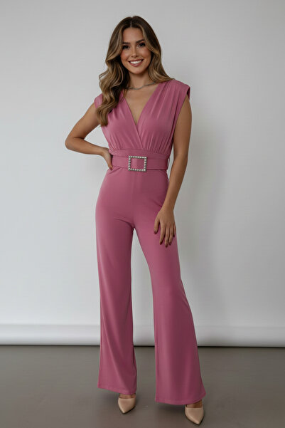 KHİ-ZAİ Women's Sandy Fabric Shoulder Pad Piece Jumpsuit with Belt Detail