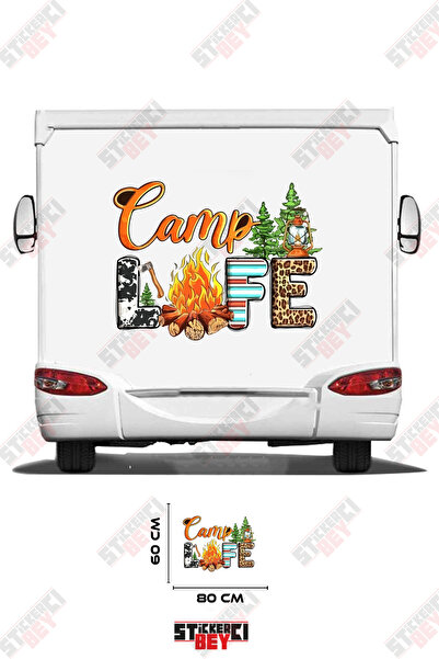 STİCKERCI BEY Camp Life Text with Ax, Tree and Fire Pattern Caravan Sticker C...