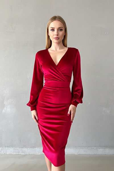 KHİ-ZAİ Women's Velvet Fabric Long Sleeve Double-Breasted Dress