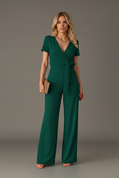 KHİ-ZAİ Women's Double-breasted Collar Belted Crepe Fabric Jumpsuit