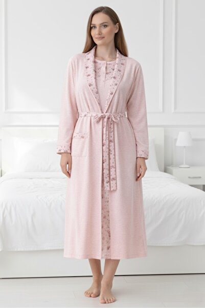 BLACKMORE Kadın Pudra Büyük Beden Çiçek Detaylı Pamuklu Lohusa Hamile Gecelik...