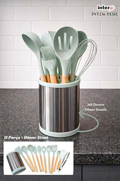 CHANCE GİFT مجموعة أدوات المطبخ مع حامل دوار ومقبض من الخيزران ورأس من السيلي...