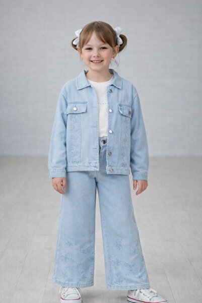 nazarbebe Girl's Light Blue Denim Jacket and Wide Leg Pants Set 5-12 Years
