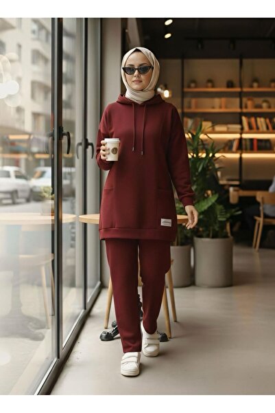 MEİLİN Burgundy Two-Thread Hijab Set with Label on the Front