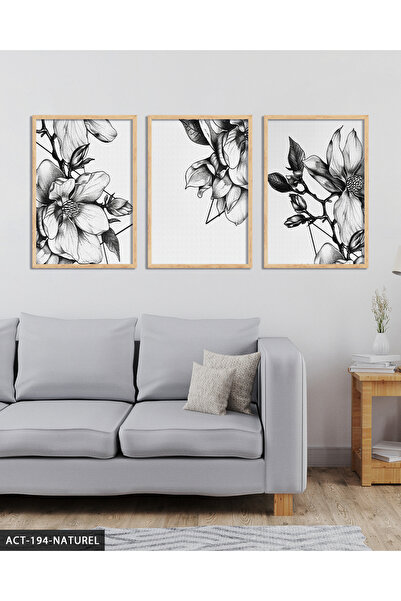 Evinemoda Tablou cu flori alb-negru, 3 piese, înrămat în lemn ACT