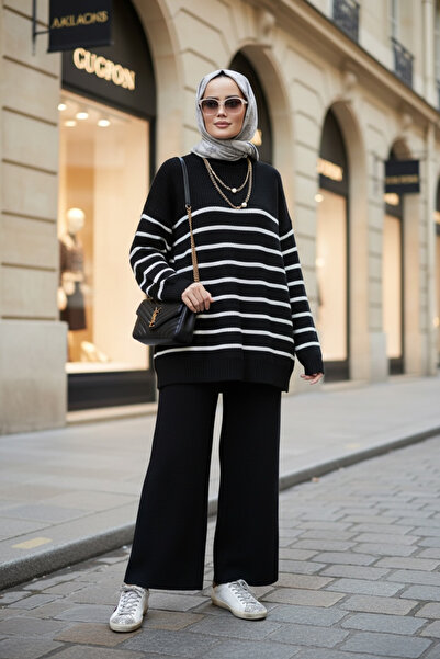 Aselim Hijap Moda Striped Knitwear Set with Necklace Black