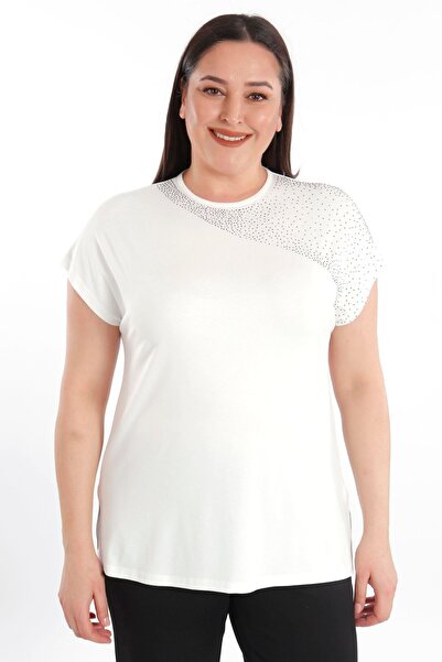 SERTUĞ Trend42Plus Shoulder Part Crystal-Studded Short Sleeve Plus Size Visco...