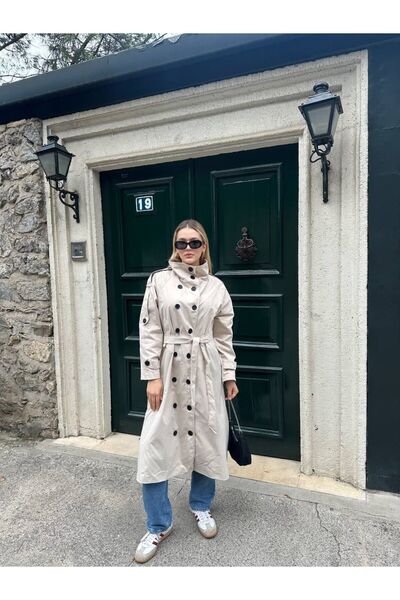 NEW JOURNAL Women's Stone Belted Mock Neck Long Trench Coat Yel221778