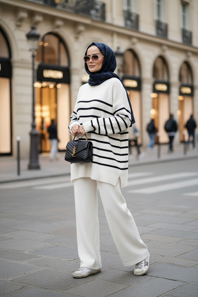 Aselim Hijap Moda Striped Knitwear Set with Necklace White