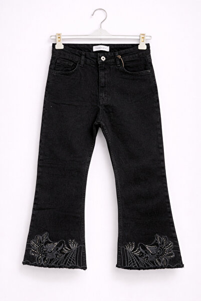 günay boutıque Legs Embroidered I Flared Anthol-Black