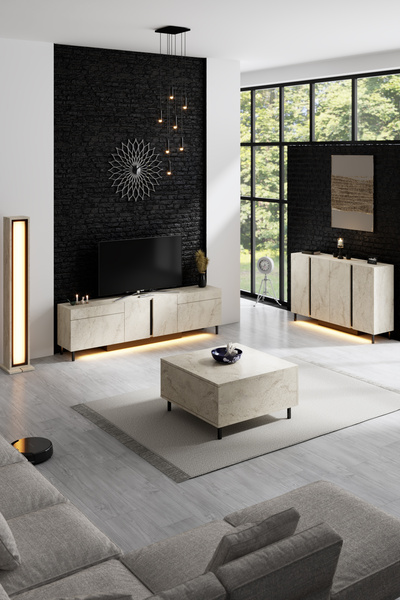 Modatte PARİS TV ÜNİTESİ LED IŞIKLI METAL AYAKLI MODERN TRAVERTEN TV SEHPASI