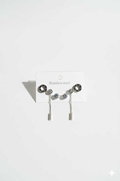 Stainlesss stellss Women's Silver Color Zircon Stone Chain Detailed Steel Ear...