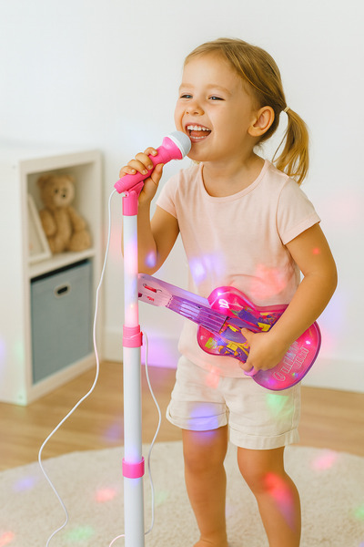 LEAN Chitara electrica ROZ cu microfon si stativ copii lumini si melodii