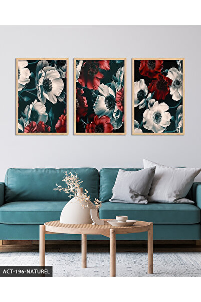 Evinemoda Червени и бели цветя, 3-частна картина с дървена рамка ACT