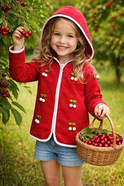 CiciTime Çocuk Modası Girl's Cherry Winter Hooded Zippered Fleece Top